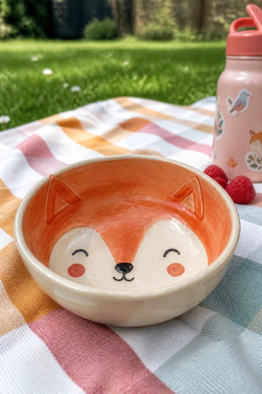 A small ceramic bowl with an orange fox face painted inside sits on a checkered picnic blanket next to raspberries.