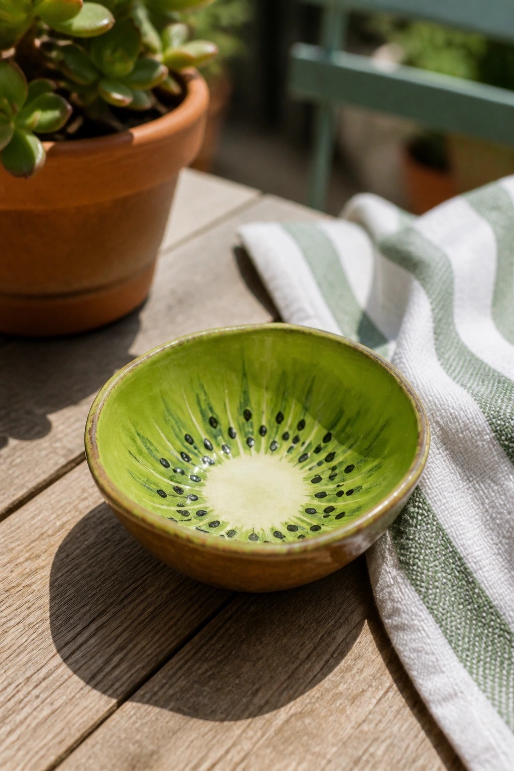 Ceramic kiwi fruit bowl on wooden table beside green striped cloth and potted succulent