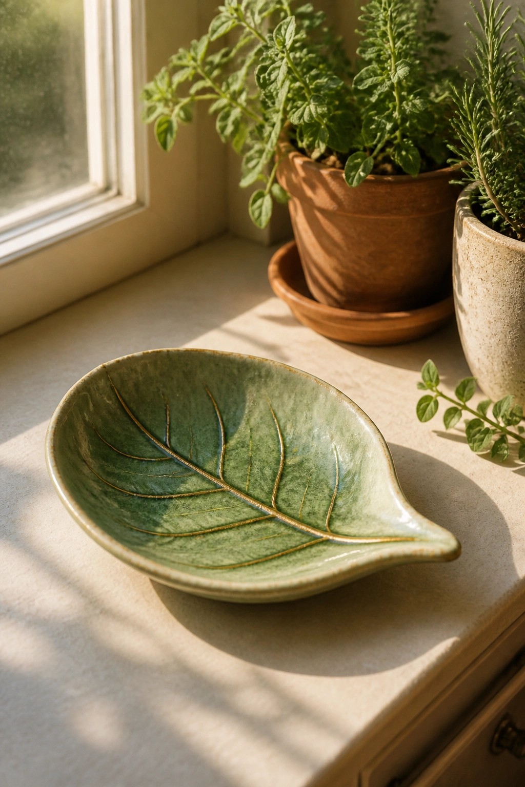 Green leaf-shaped ceramic bowl with gold veins on sunny windowsill beside herb pots