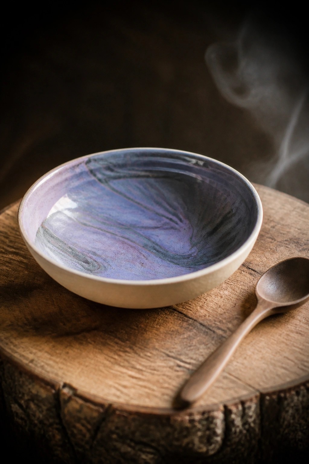 Marbled blue-purple ceramic bowl with steam beside wooden spoon on rustic wood
