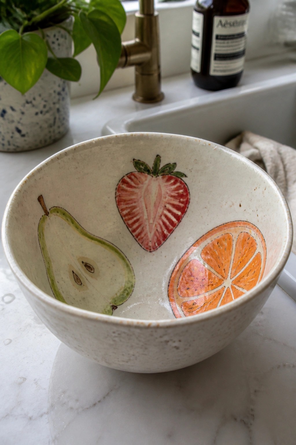 Speckled ceramic bowl with painted pear, strawberry, and orange on marble counter