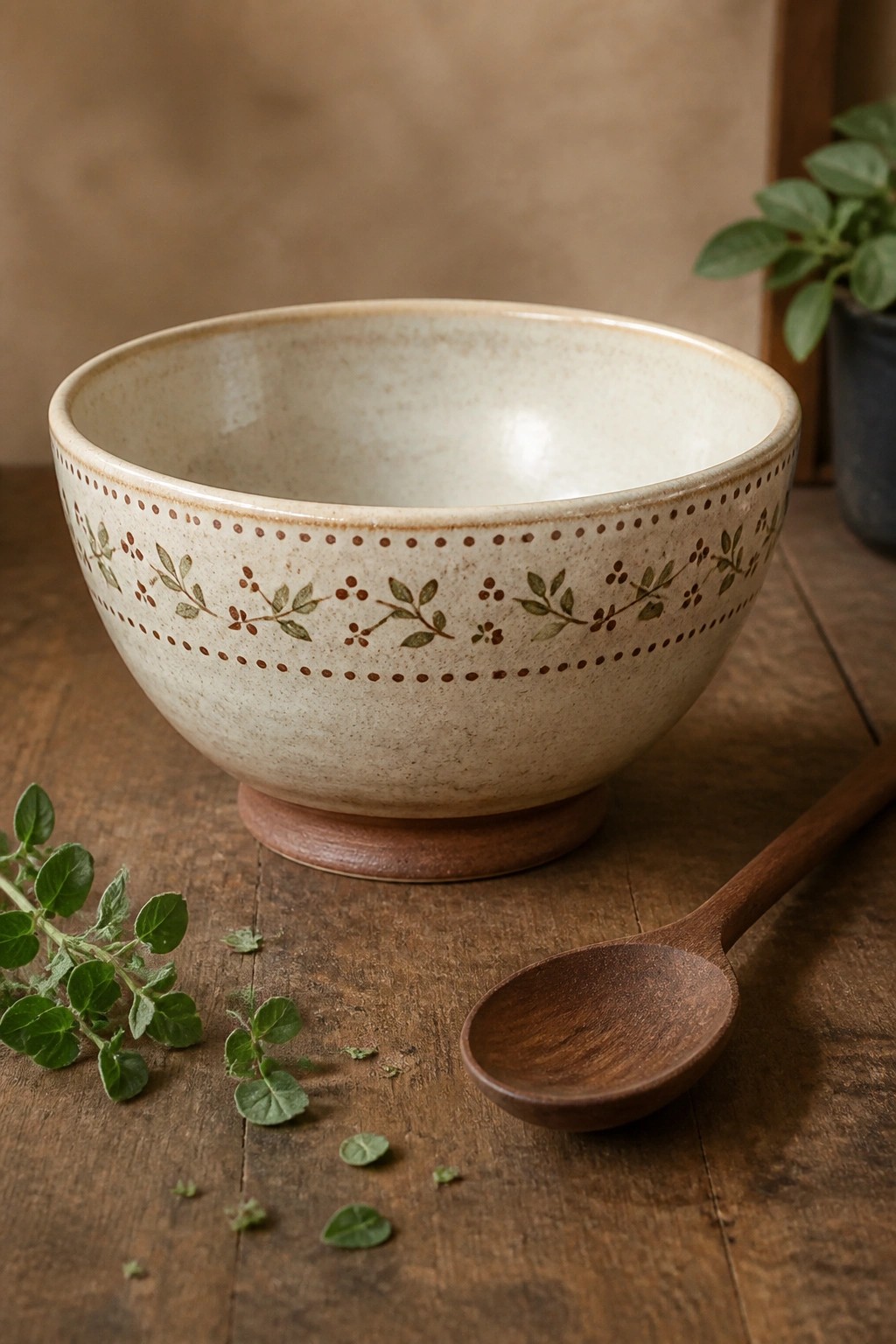 Ceramic bowl with leaf pattern beside wooden spoon on rustic table with herbs