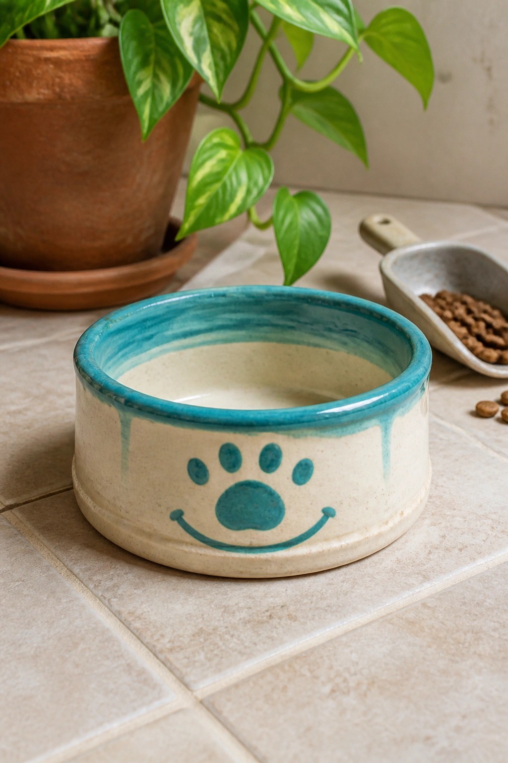 Ceramic pet bowl with paw print and smiley face beside plant and kibble on tiles