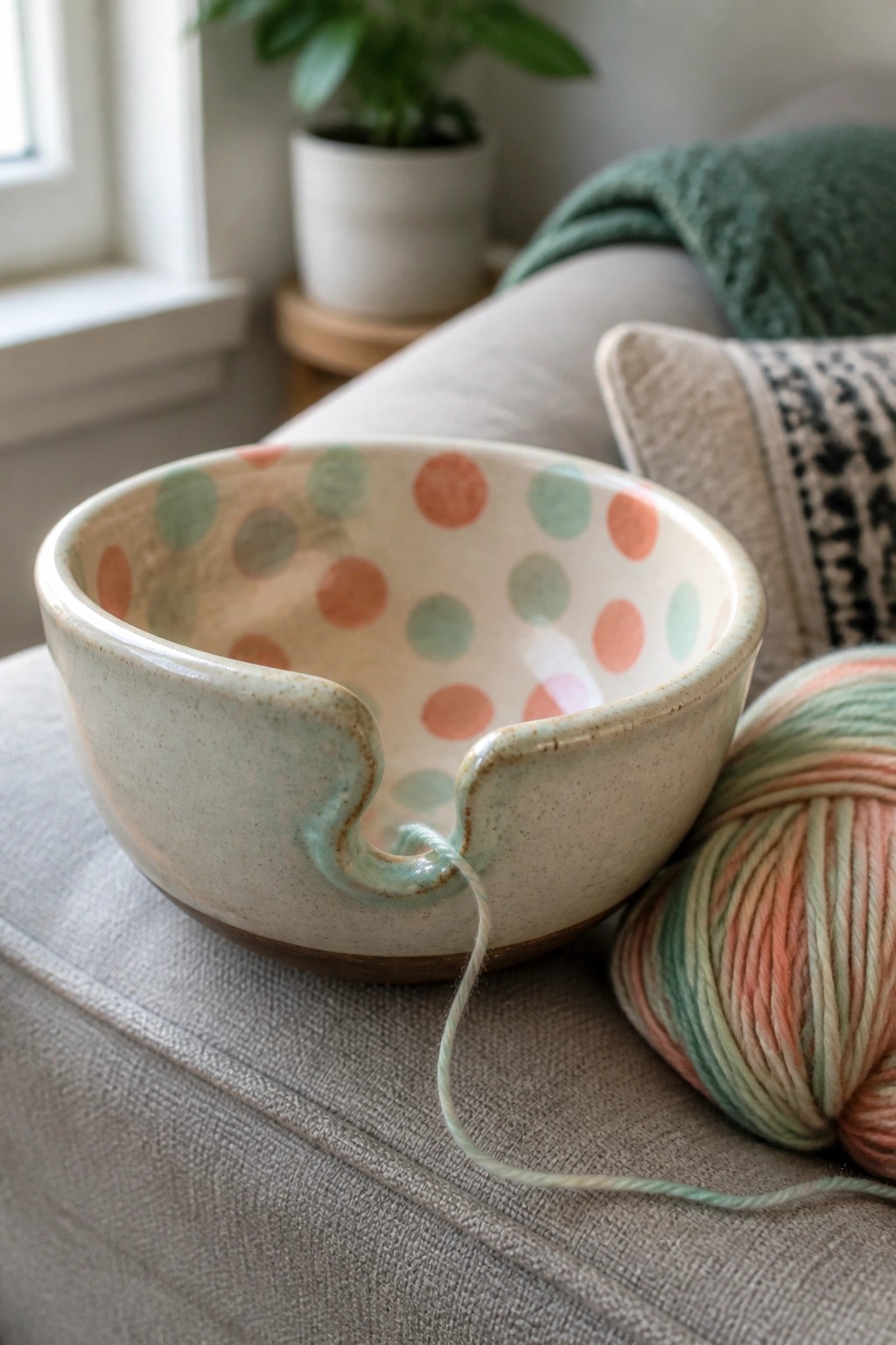 Polka-dotted ceramic yarn bowl with strand from multicolored skein on gray couch