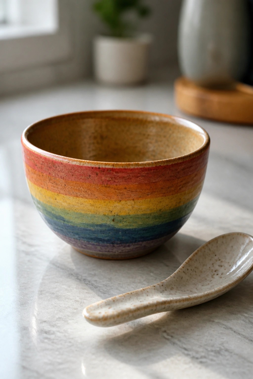 Rainbow striped ceramic bowl beside speckled spoon on marble countertop