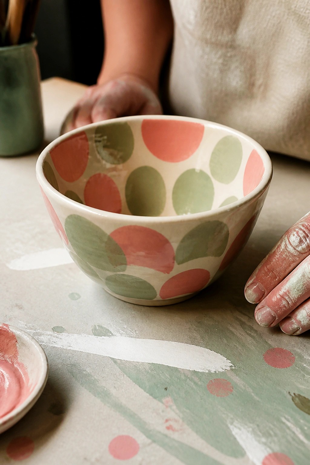 Painted hands beside pink and green polka-dot ceramic bowl on studio table