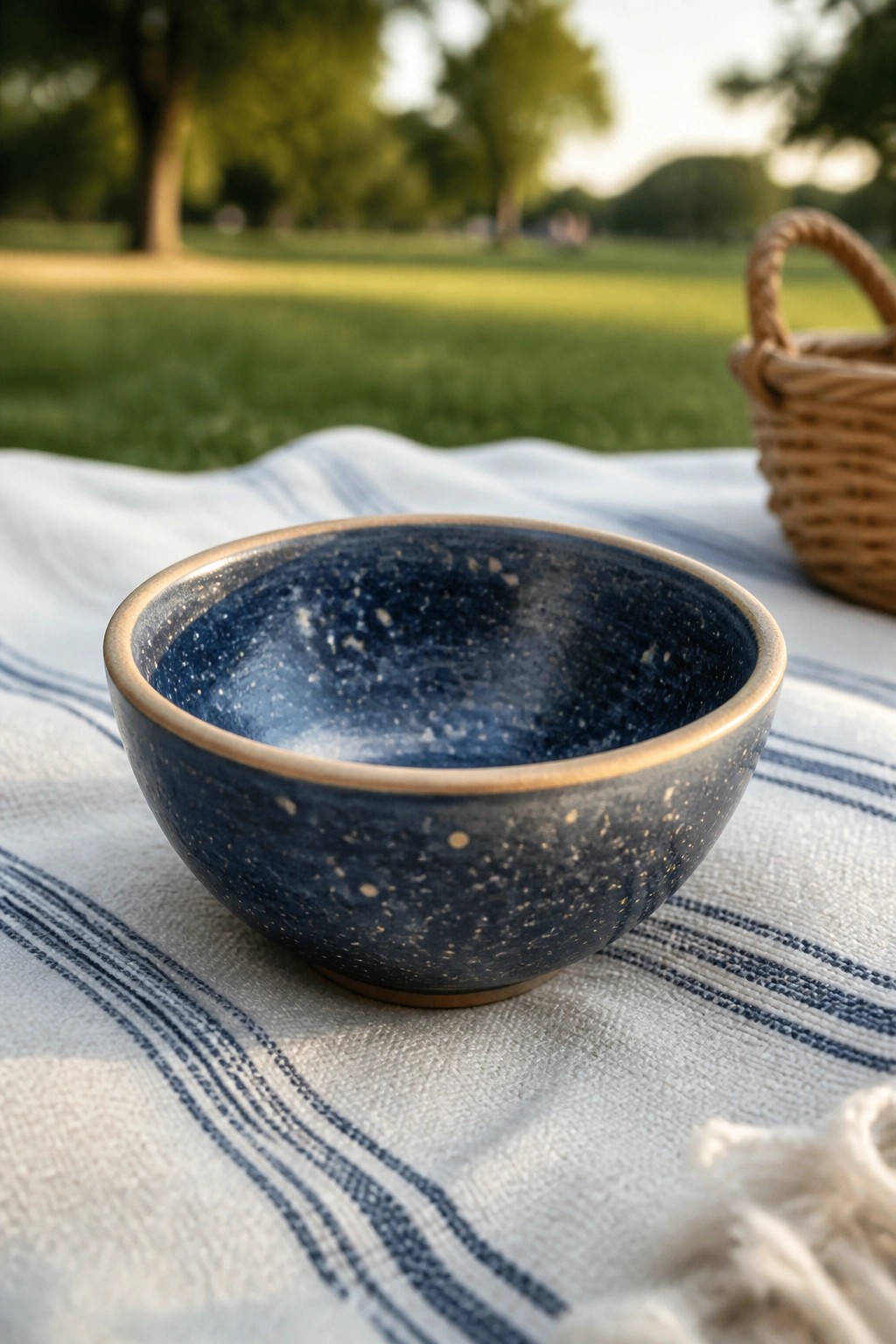 Blue speckled bowl with gold rim on striped picnic blanket outdoors