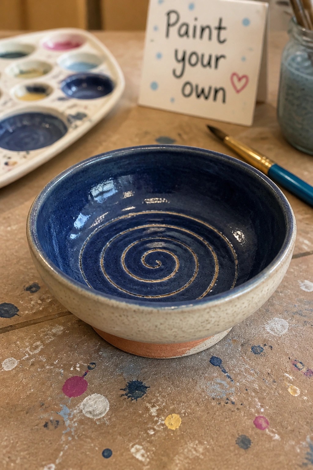 Blue ceramic bowl with gold spiral on paint-splattered wooden table with supplies
