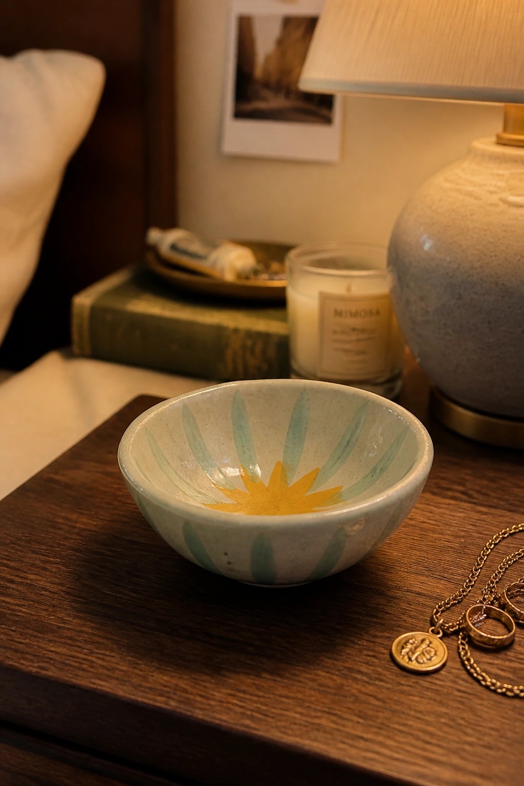 Ceramic bowl with yellow sunburst and green petals on wooden table beside gold jewelry
