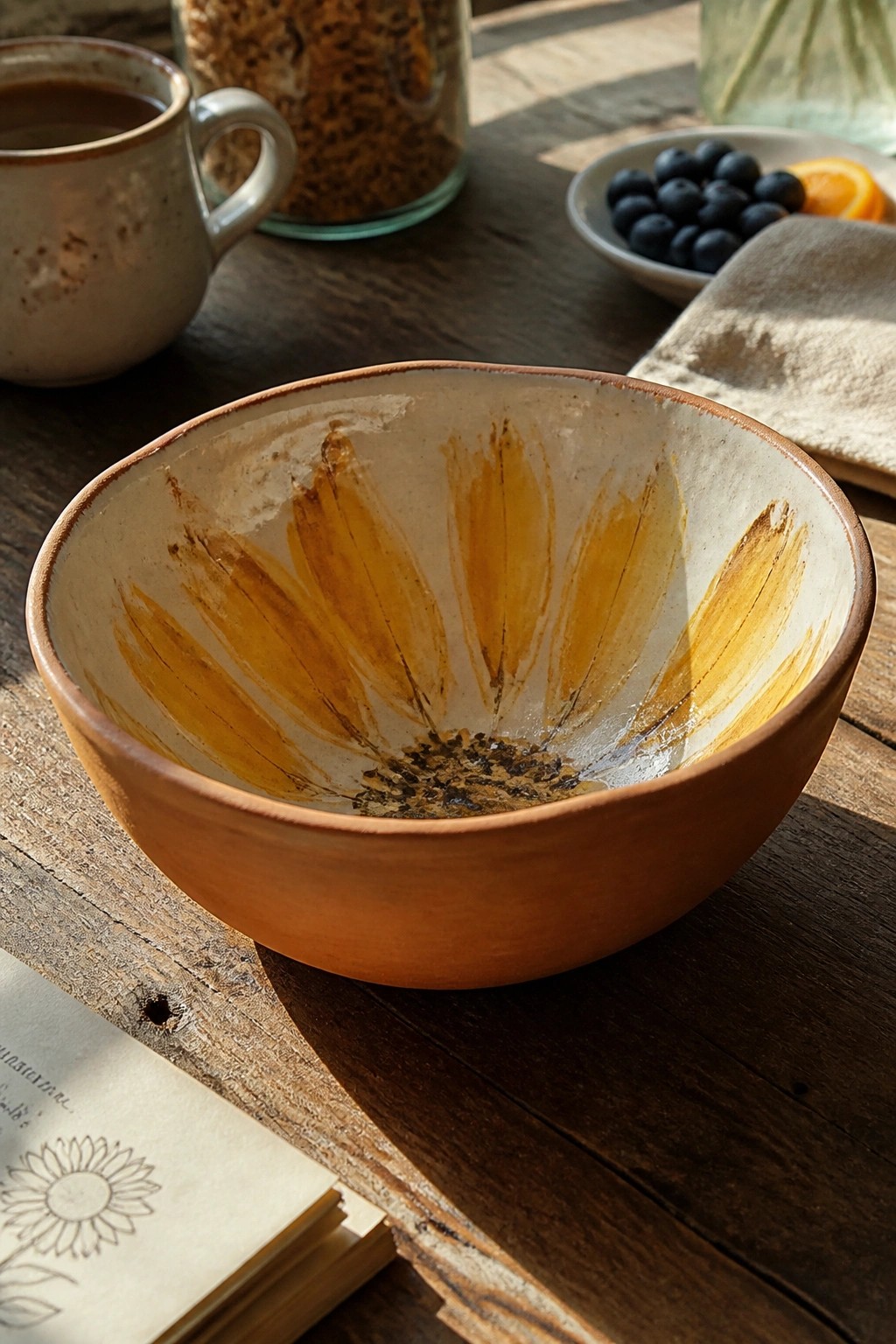 Sunflower-painted ceramic bowl on wooden table with coffee mug, berries, and book.