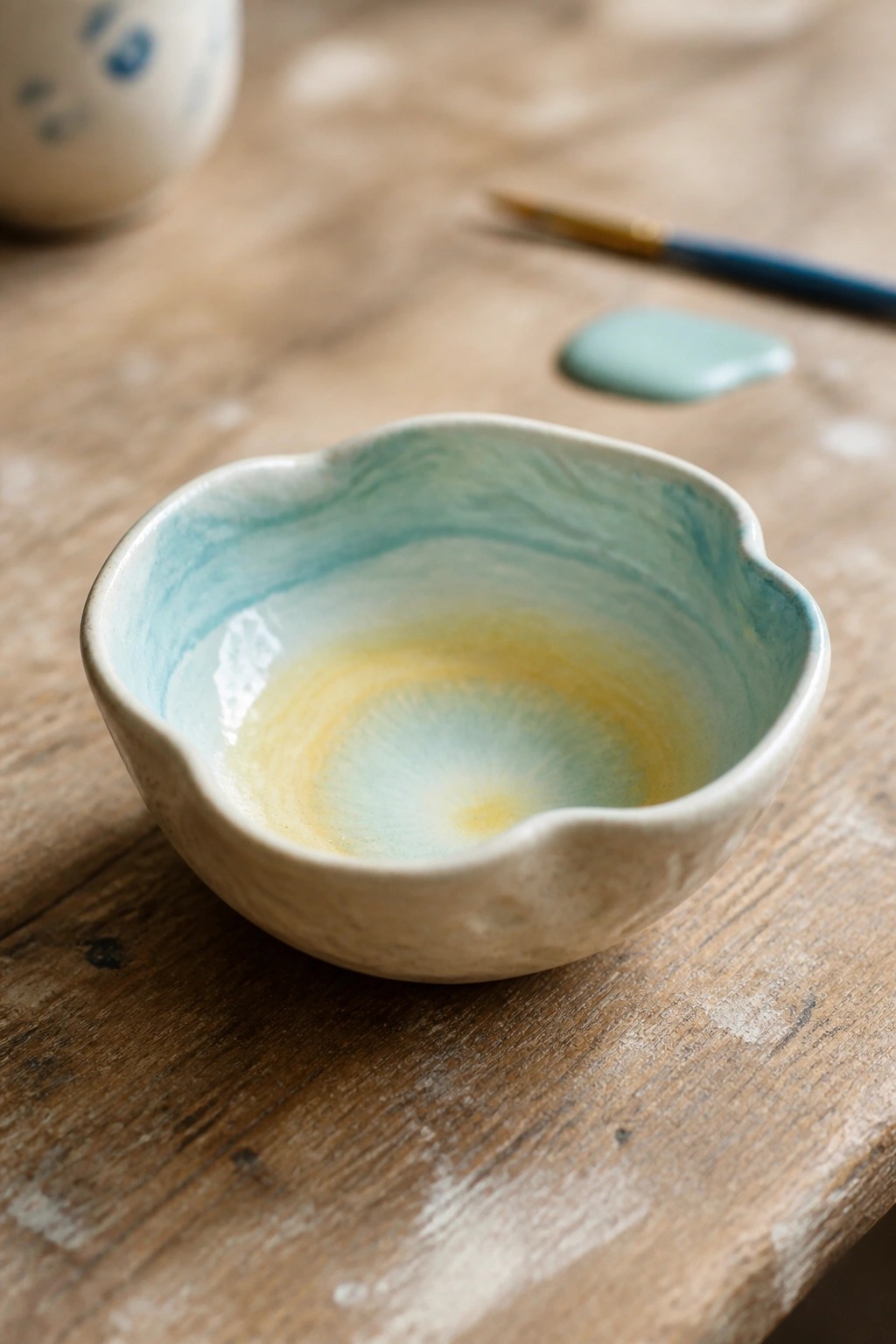 Small ceramic bowl with scalloped rim and blue-yellow glaze on wooden table