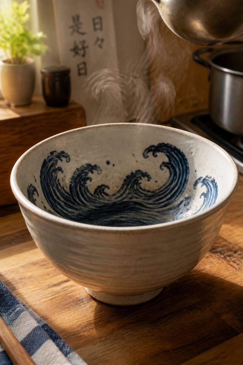 Ceramic bowl with blue wave design as steaming liquid pours in on wooden table