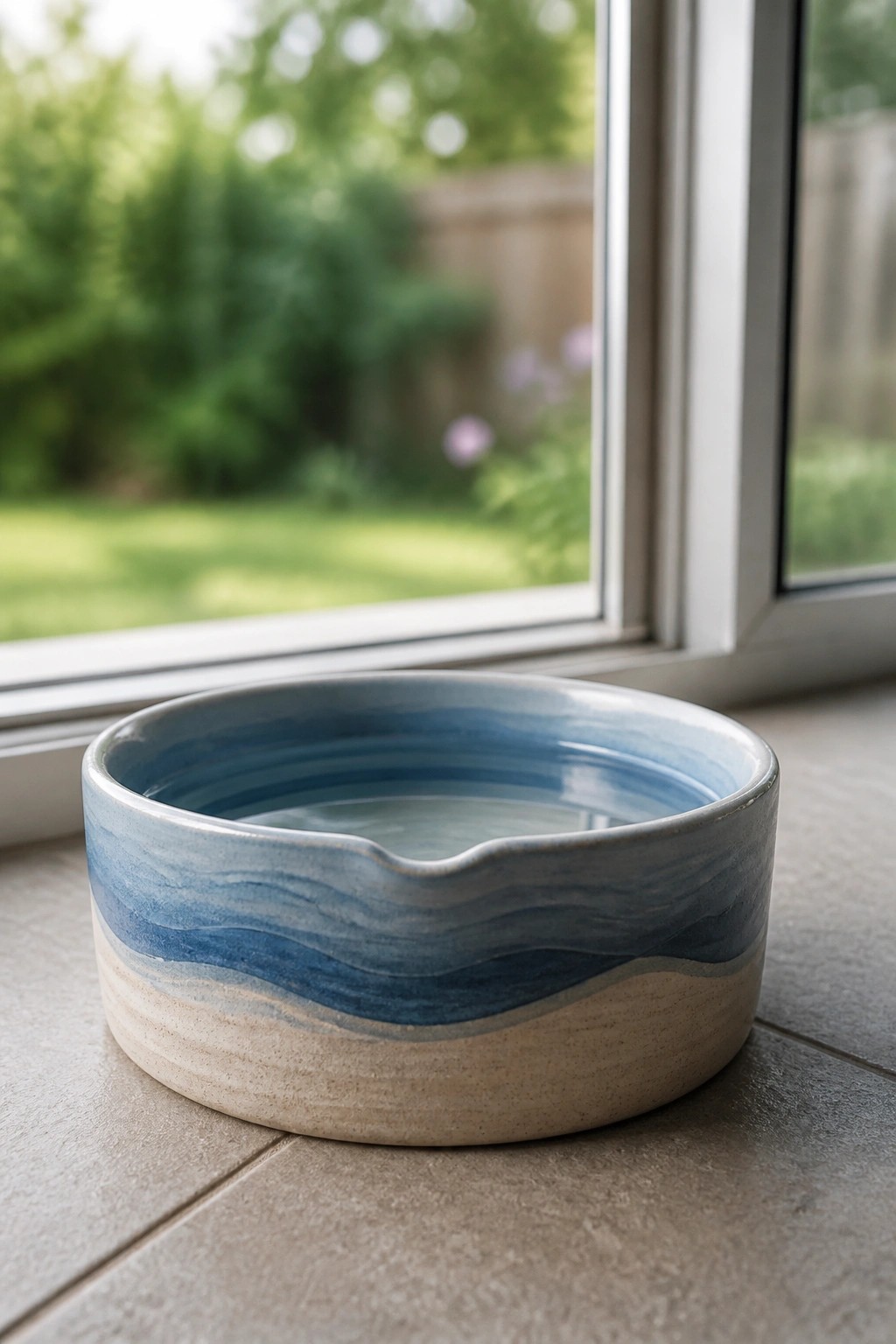 Blue and beige wavy ceramic bowl with water on tiled windowsill