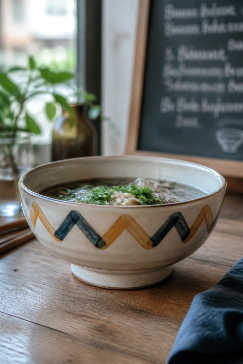 Ceramic bowl with yellow-blue zigzag pattern holds soup topped with green onions on wood table.