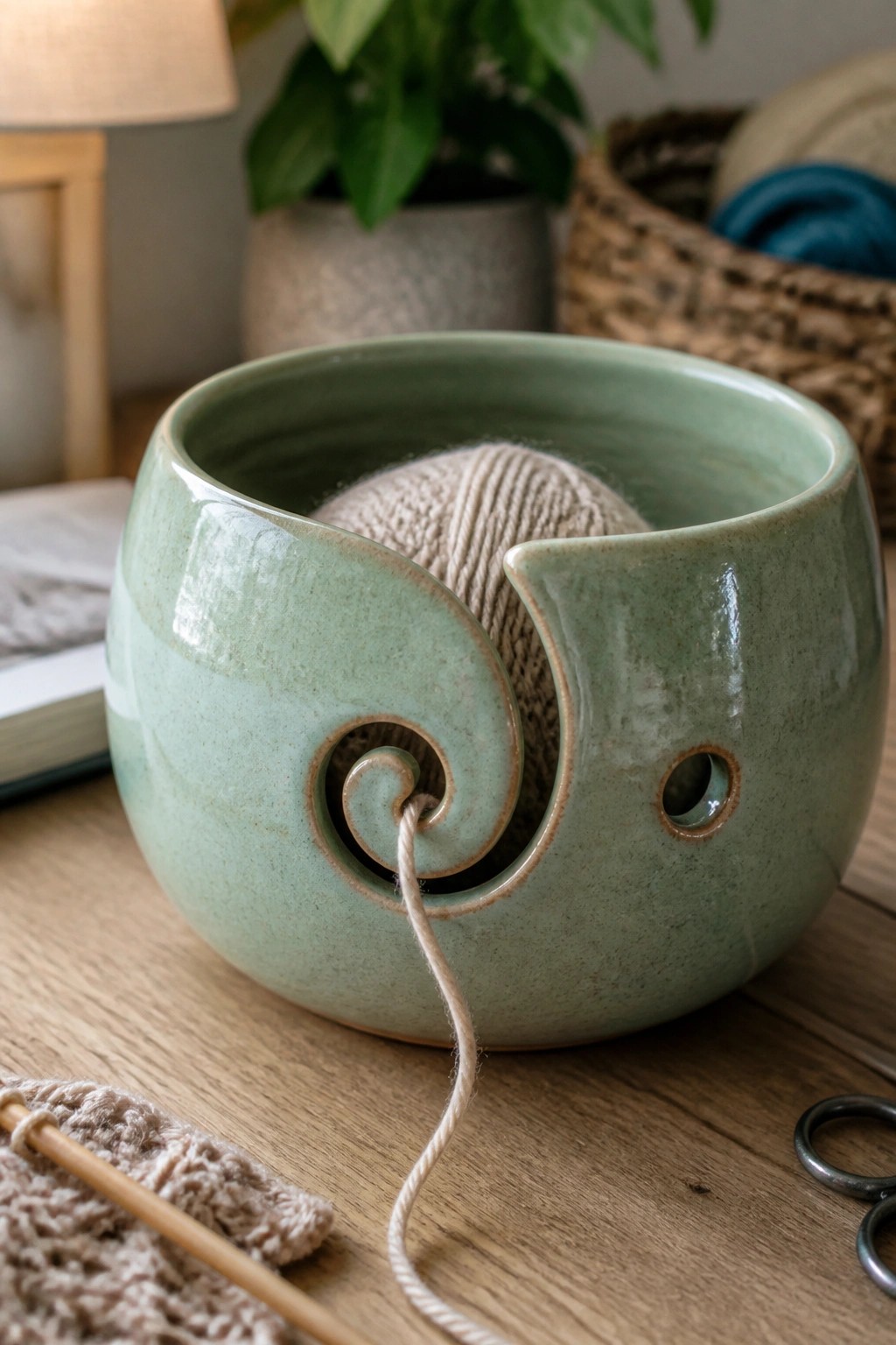 A light green ceramic yarn bowl with a spiral cutout holds a ball of beige yarn on a wooden table next to knitting needles.