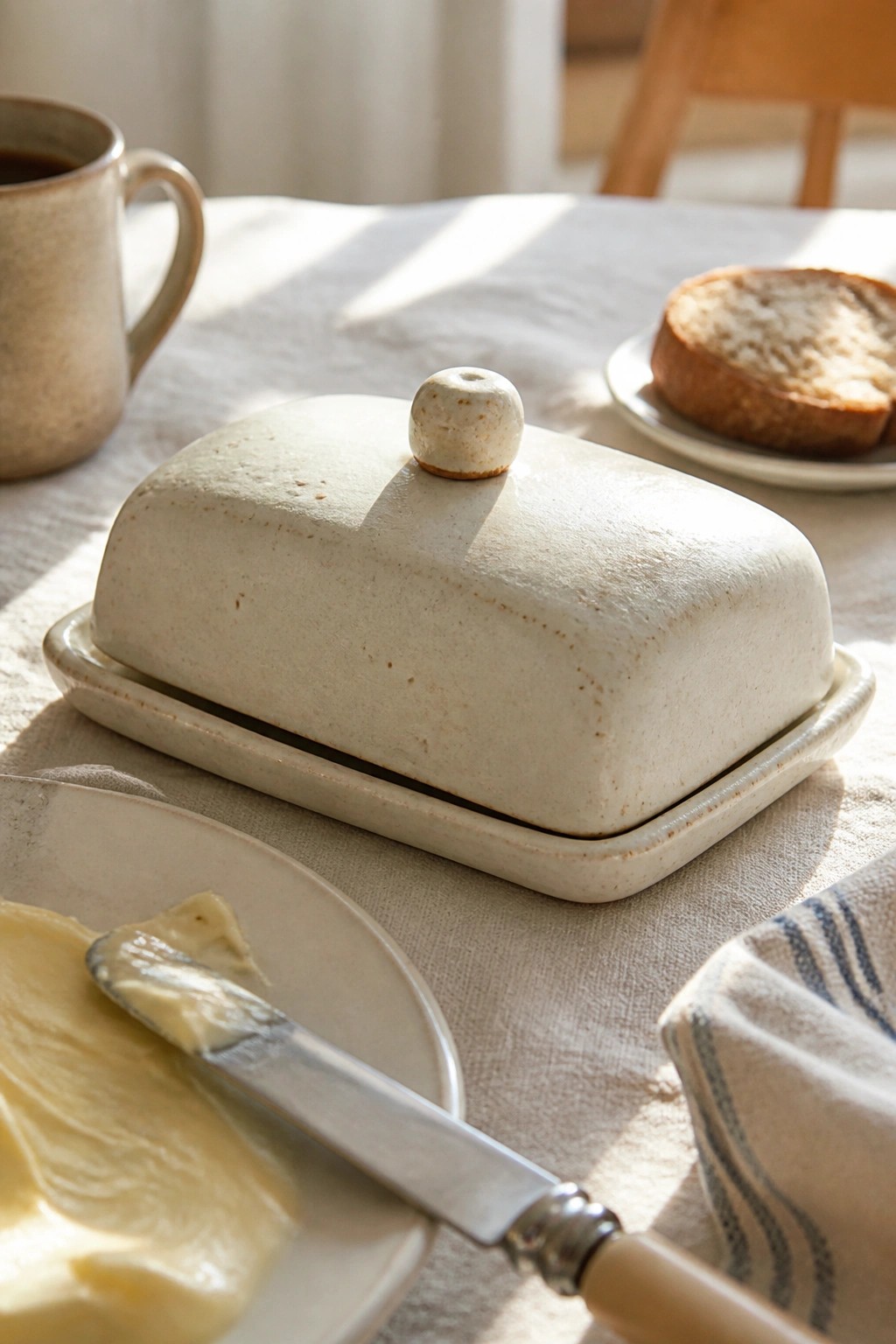 Speckled ceramic butter dish beside plate with butter knife on sunlit table