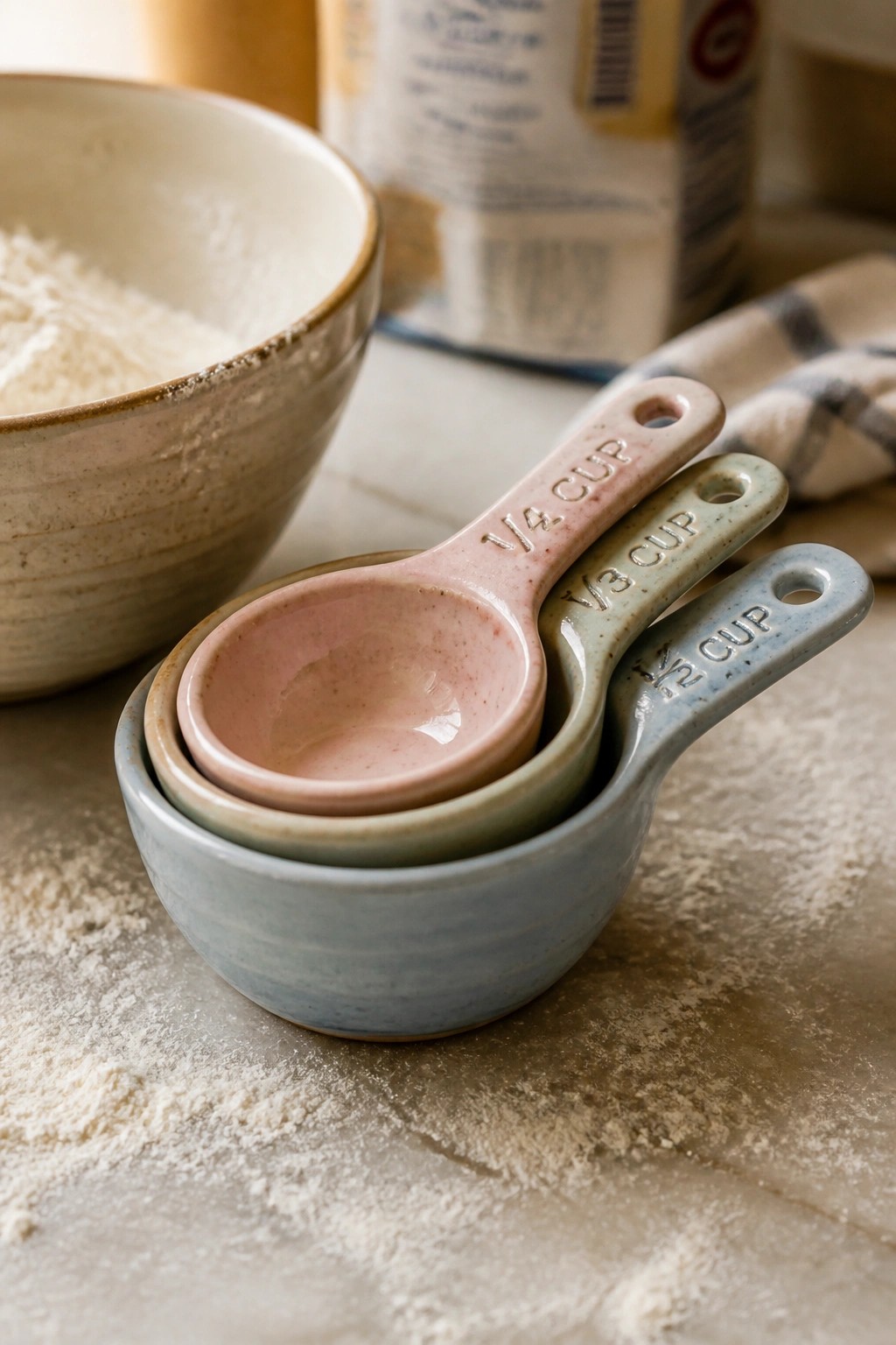 Nested pastel ceramic measuring cups on flour-dusted marble countertop