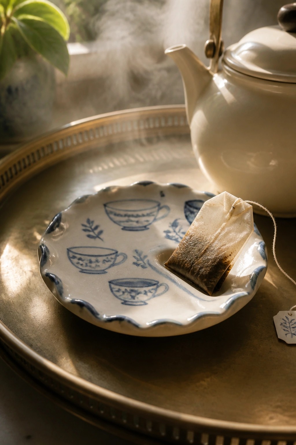 Teabag on scalloped saucer with blue cup motifs beside white teapot on tray