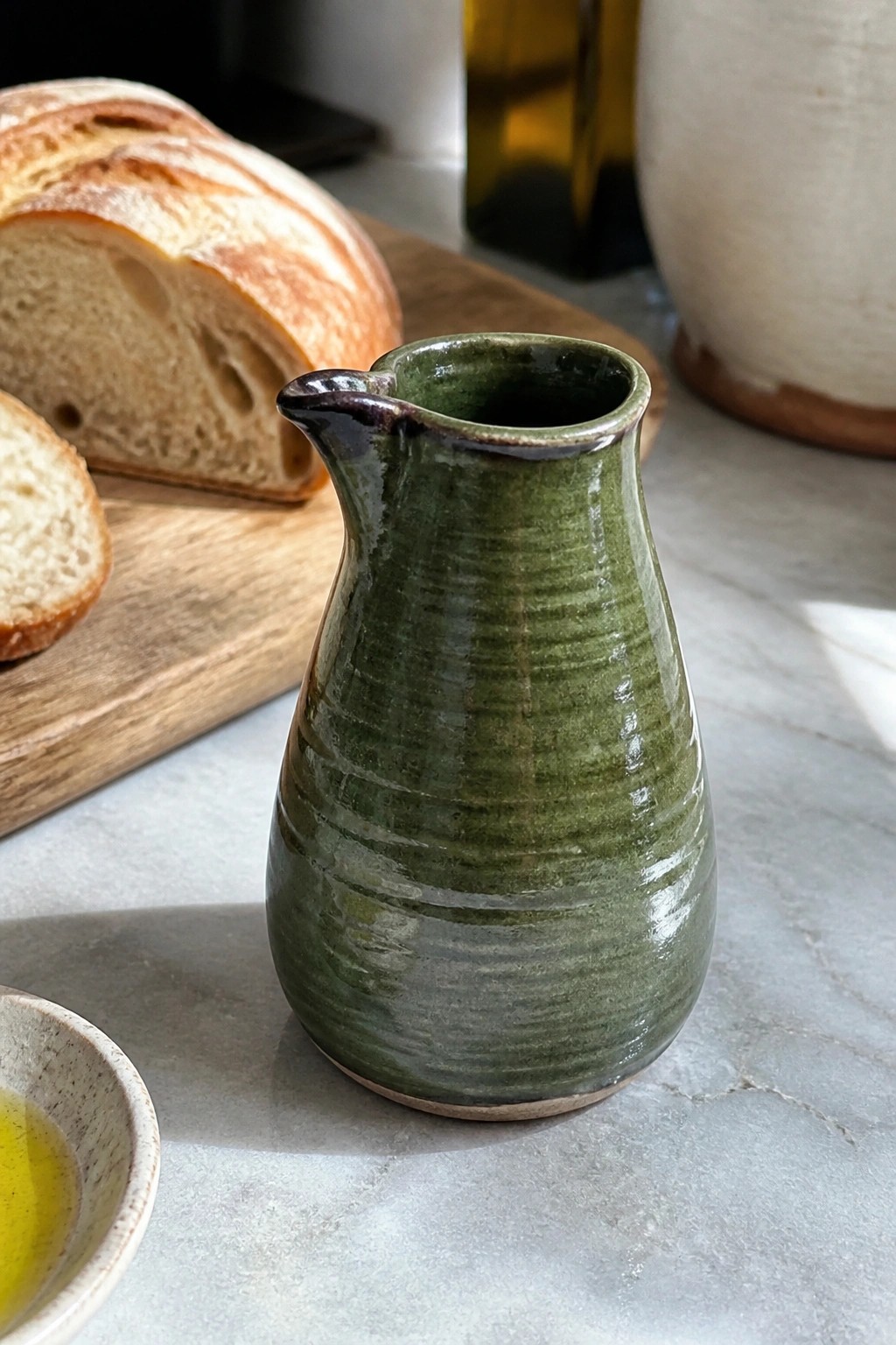 Green ceramic pitcher beside sliced bread loaf and oil dish on marble