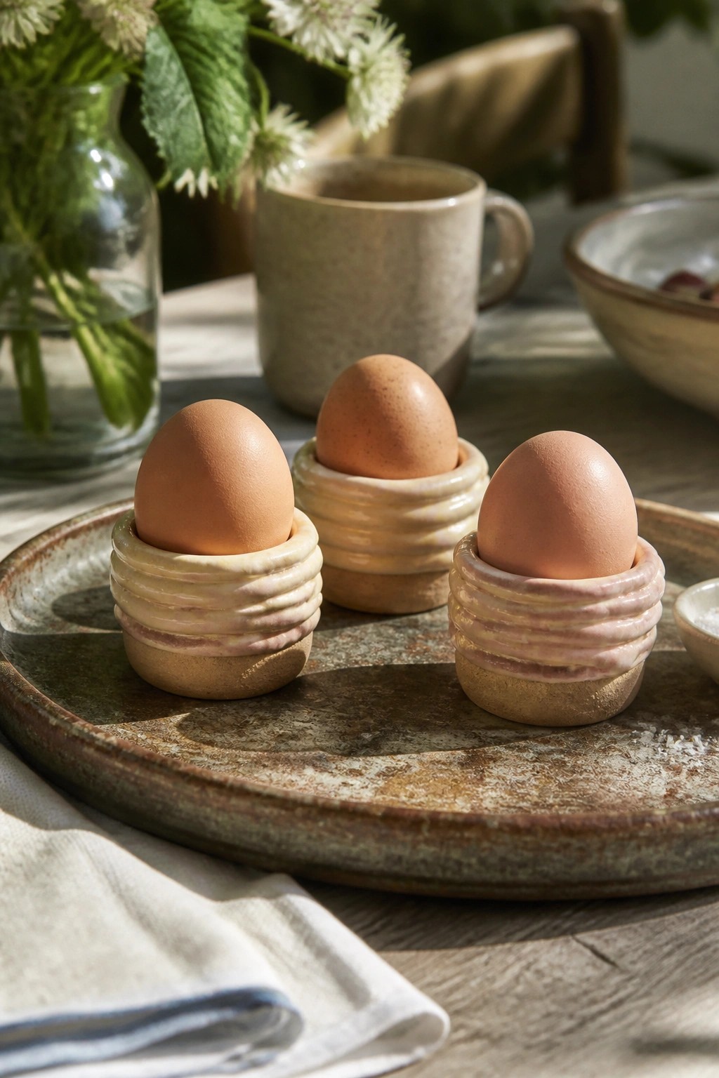 Three brown eggs in ribbed beige-pink ceramic cups on a rustic tray