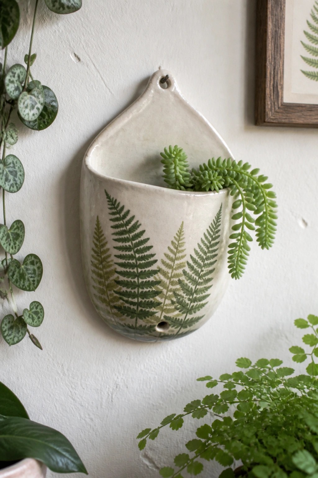 Ceramic wall planter with green fern prints holding a trailing succulent
