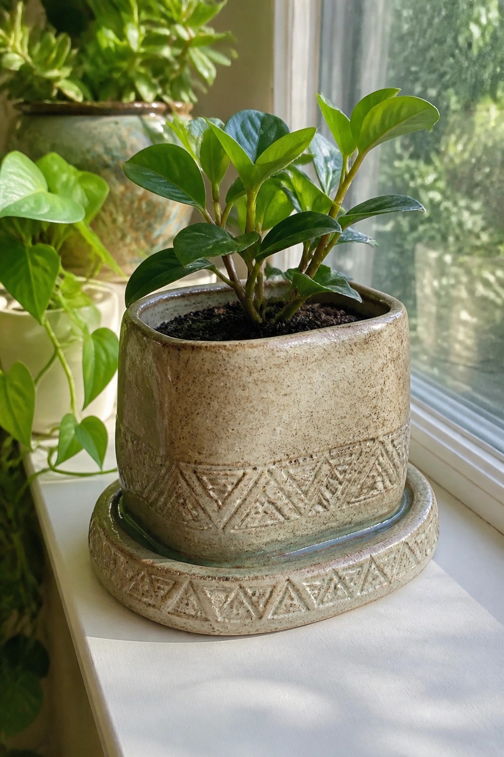 Green plant in patterned ceramic pot on saucer atop windowsill
