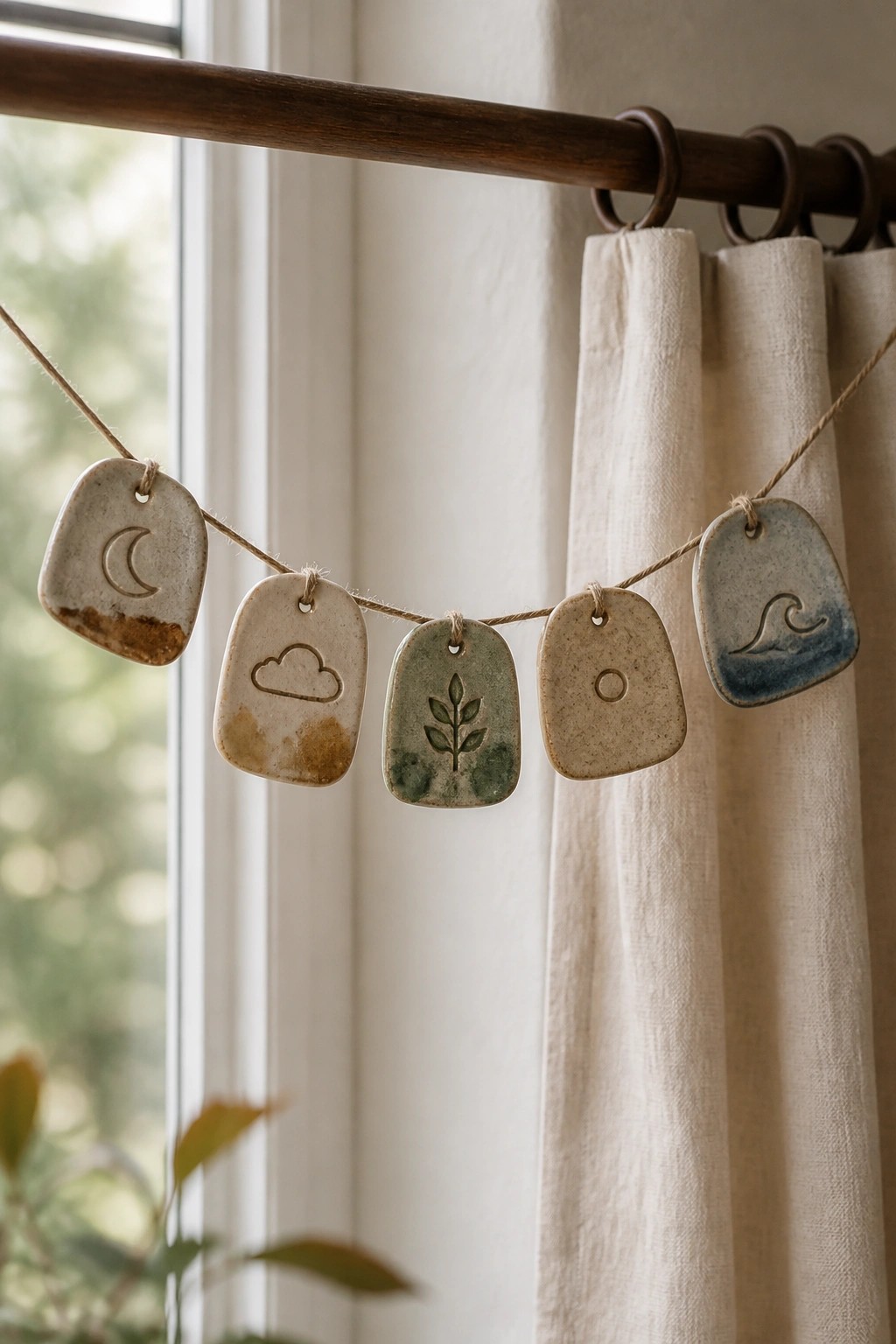 Earthy ceramic pendants with moon, cloud, leaf, sun, and wave symbols on twine