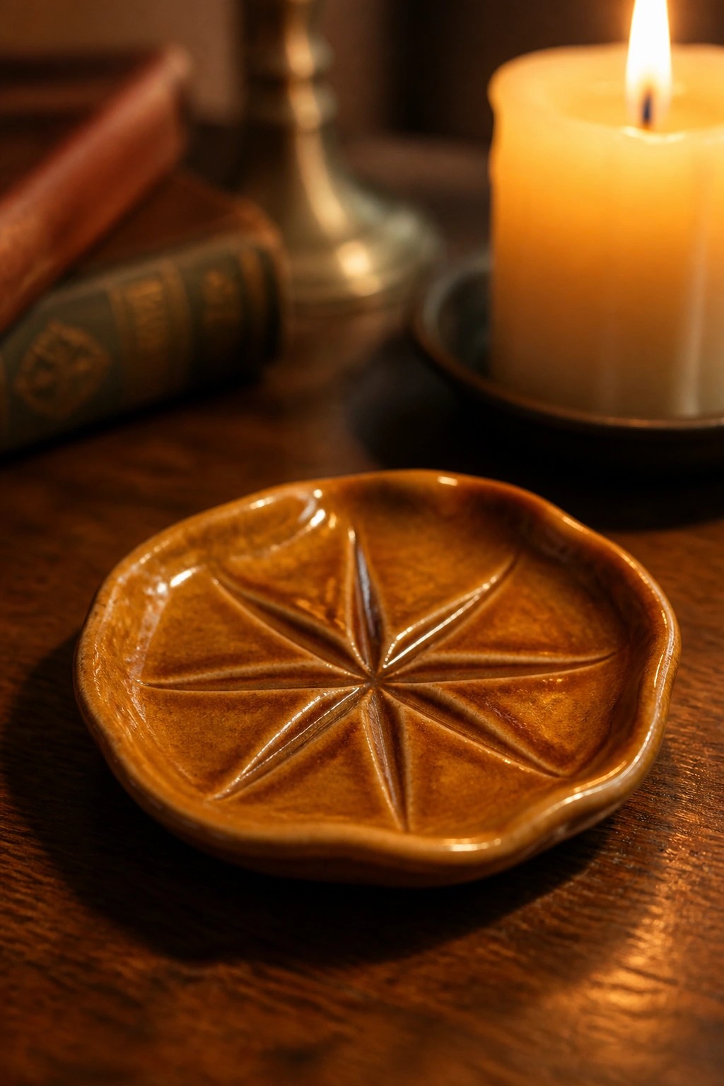Brown ceramic dish with star pattern beside lit candle on wooden table.