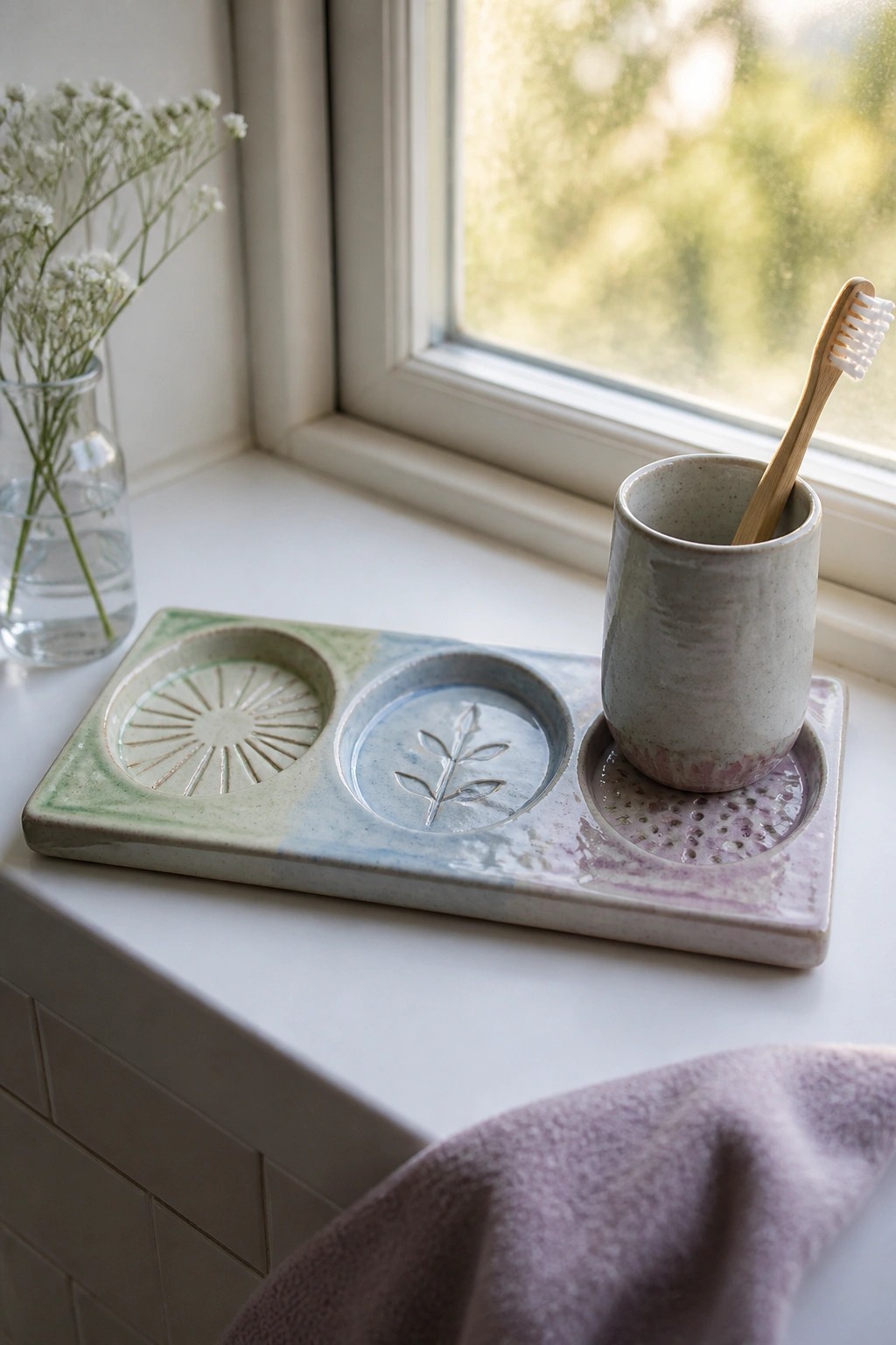 Ceramic tray with sun, leaf, and dot patterns holding toothbrush cup beside flower vase on sill