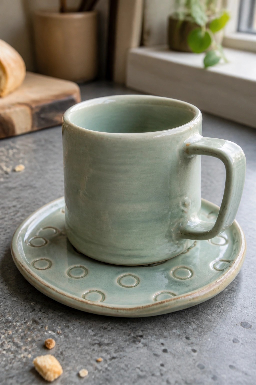 Light green ceramic mug on dotted saucer atop gray countertop with crumbs.
