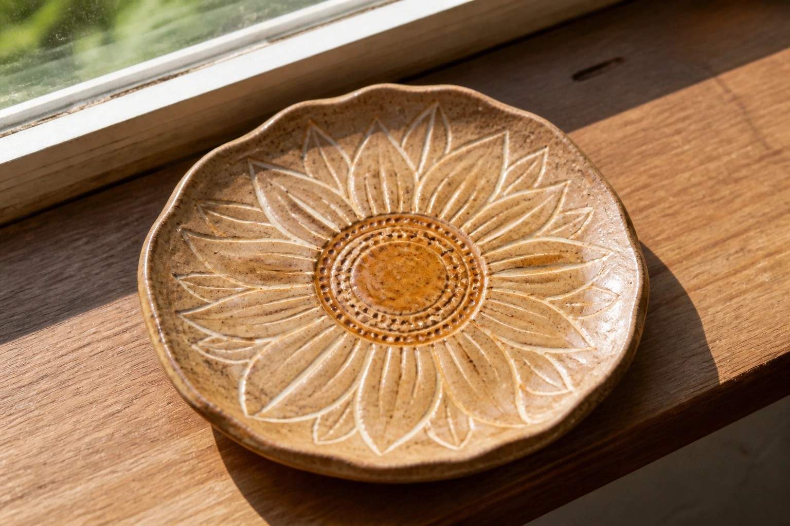 Beige ceramic sunflower plate on wooden windowsill beside speckled vase