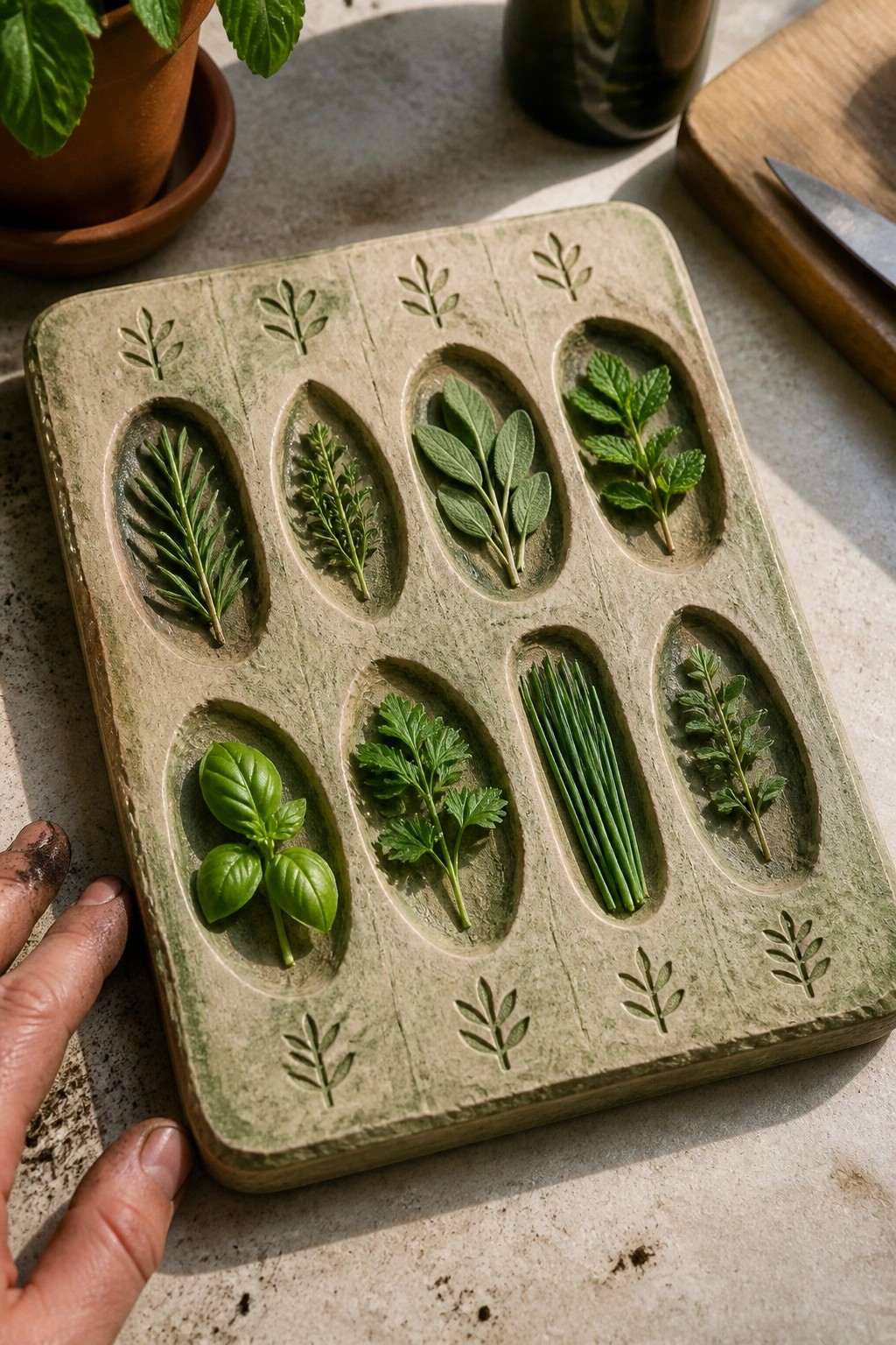 Weathered green herb tray holds fresh basil, rosemary, sage, mint, and chives.