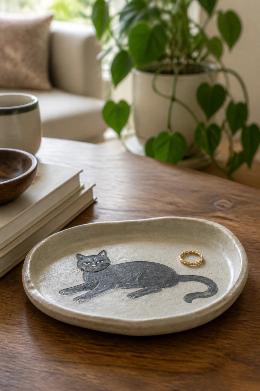Oval ceramic plate with black cat illustration and gold ring on wooden table