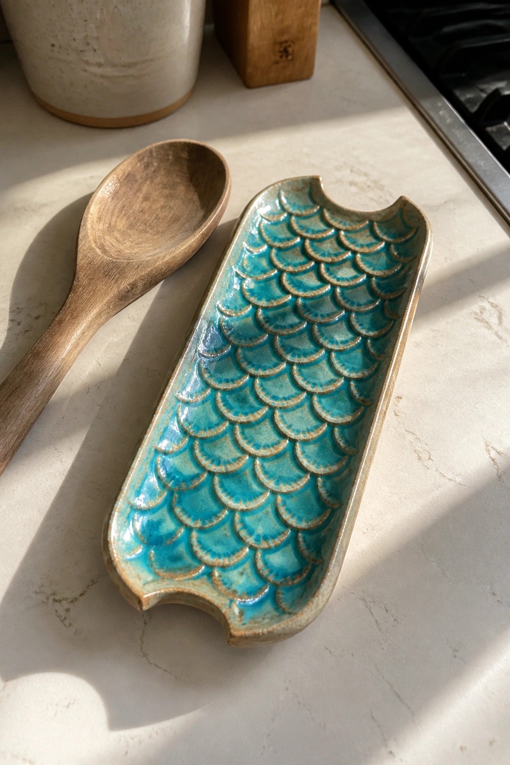 Wooden spoon beside turquoise scale-patterned ceramic tray on marble countertop