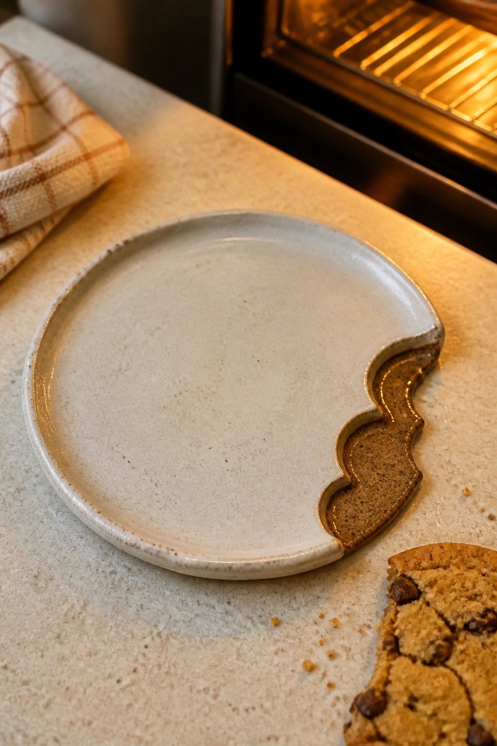 Speckled ceramic plate with bite edge beside chocolate chip cookie near glowing oven