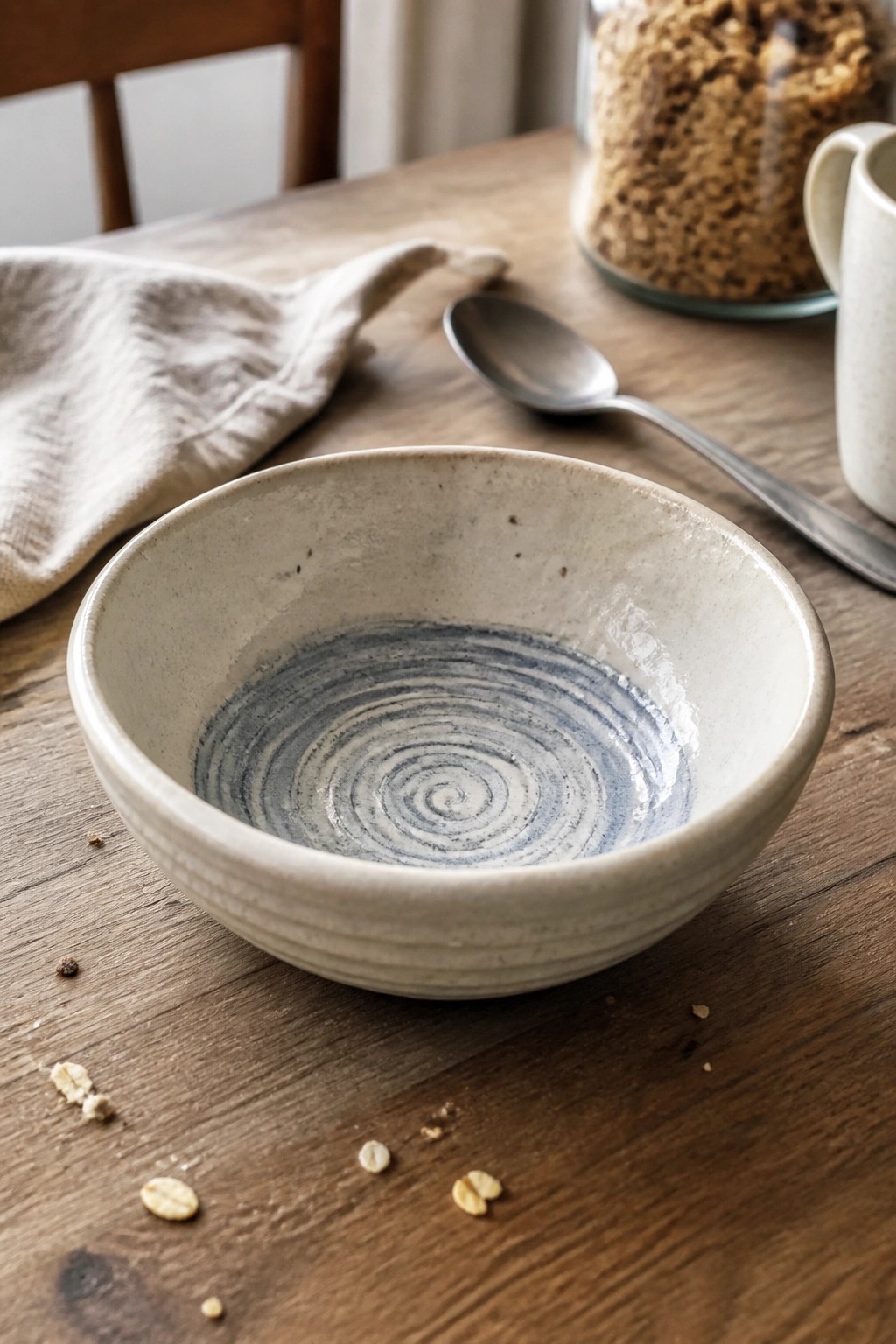 Cream ceramic bowl with blue spiral on wooden table beside spoon and oats