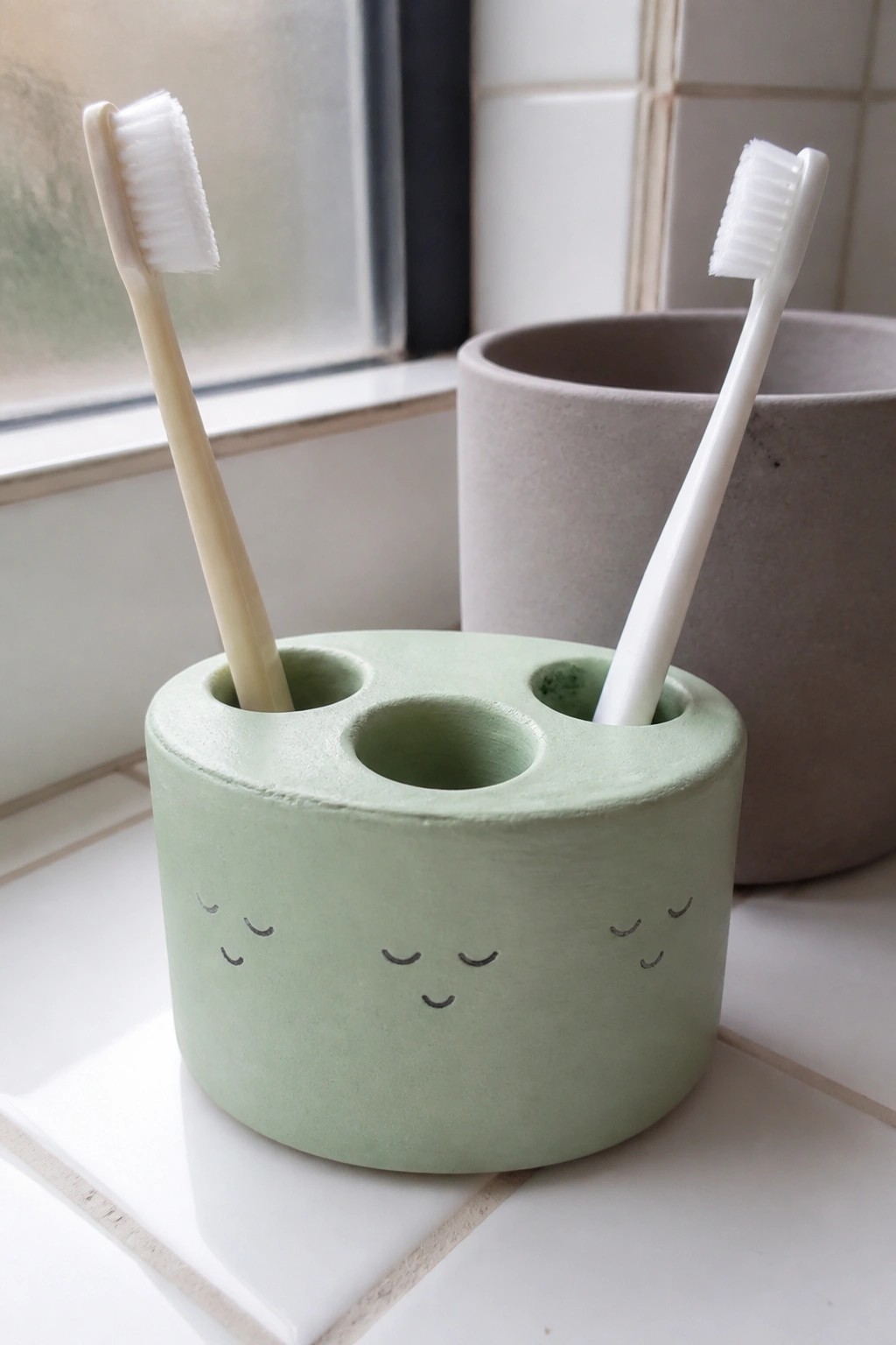 Light green ceramic holder with cute face holding two toothbrushes on tiled sill
