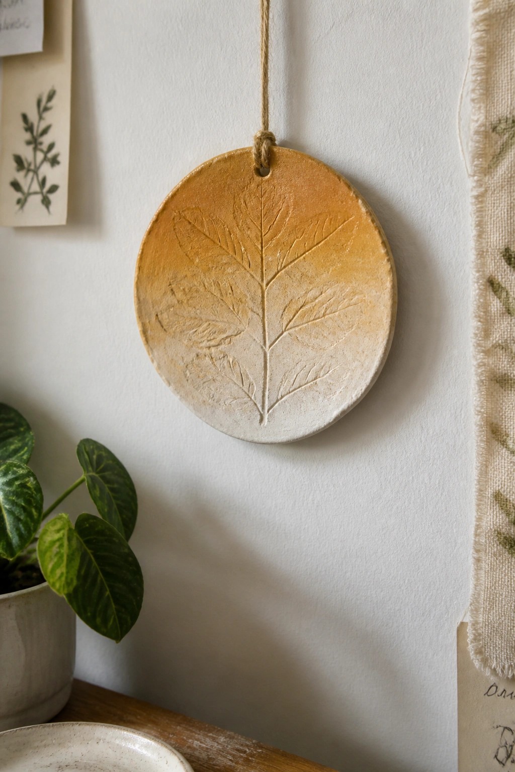 Round clay ornament with leaf imprint hanging on twine against white wall