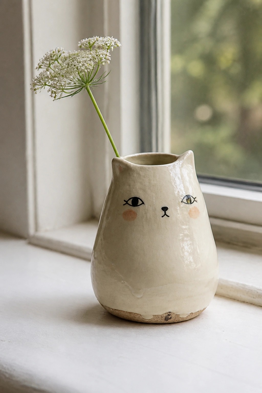 Beige cat-shaped ceramic vase with painted face holding white flowers on windowsill
