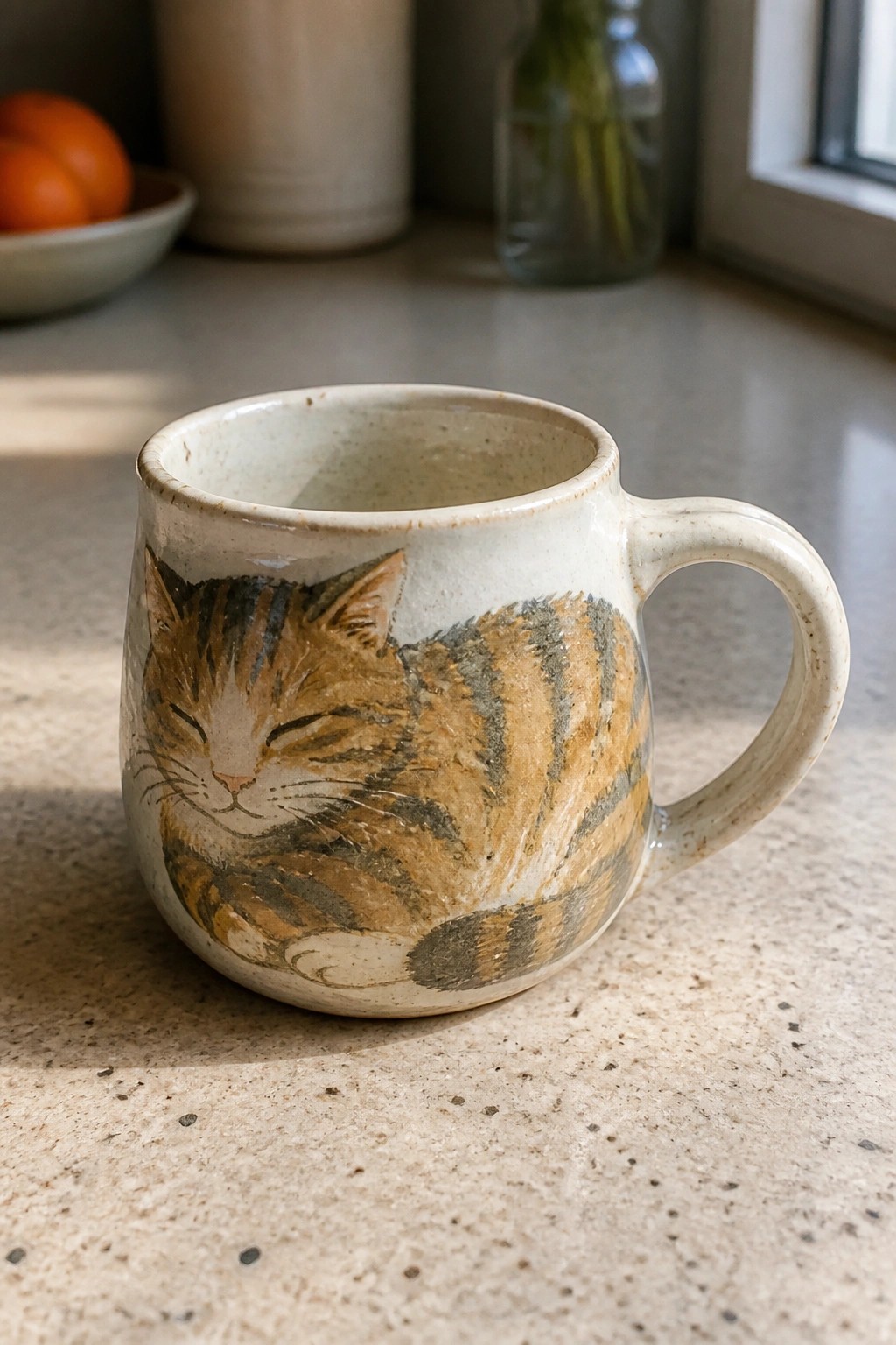 Speckled white ceramic mug painted with a sleeping orange tabby cat on a countertop.