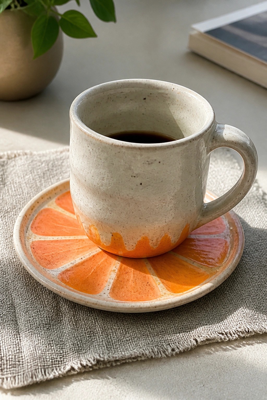 Speckled ceramic mug of coffee on an orange citrus-patterned saucer atop linen.