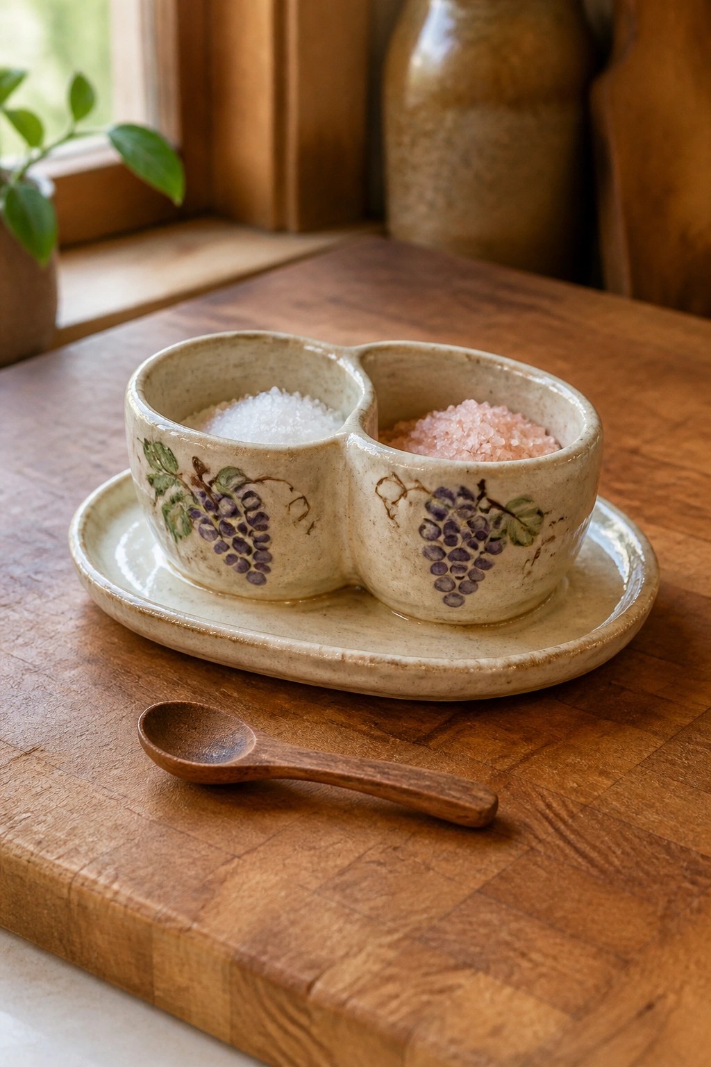 Ceramic double bowl with grape designs holds white and pink salts beside wooden spoon on board