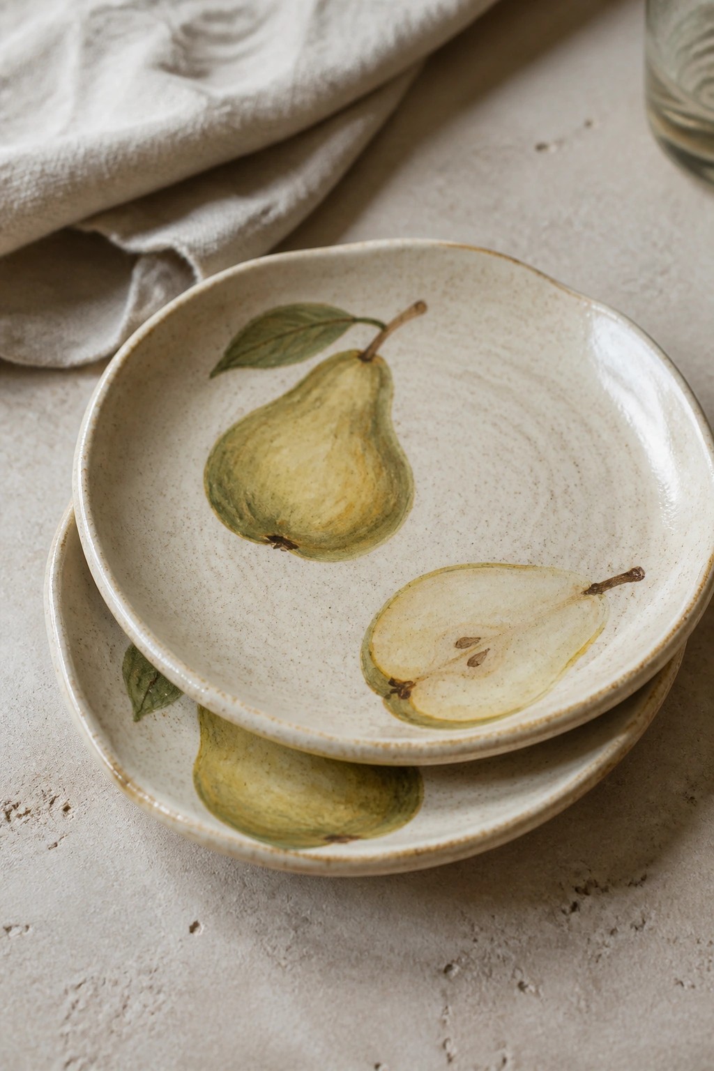 Stacked speckled ceramic plates with hand-painted green pears on linen cloth.