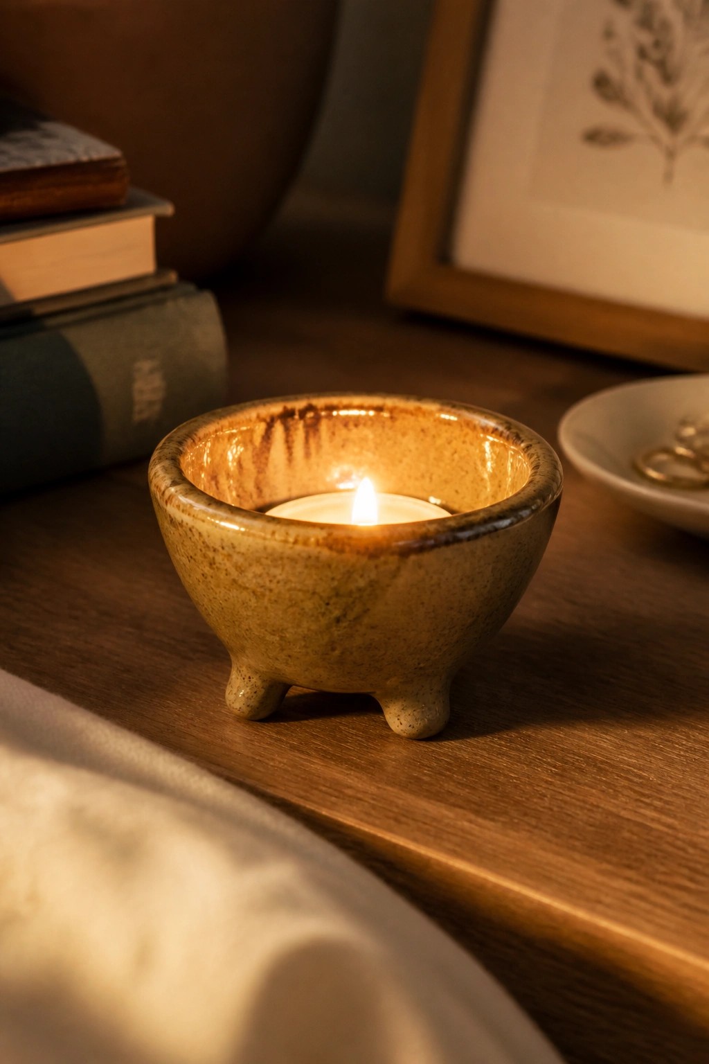 Lit candle in speckled brown ceramic tripod bowl on wooden table