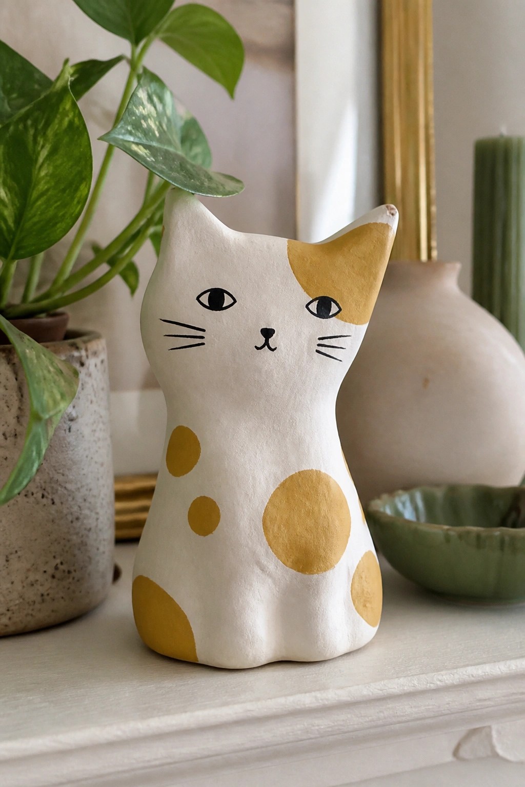 White ceramic cat figurine with yellow spots on a shelf beside plants.