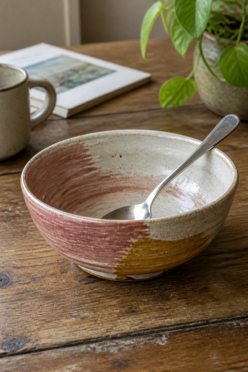 Ceramic bowl with pink, white, and yellow glaze and spoon on wooden table