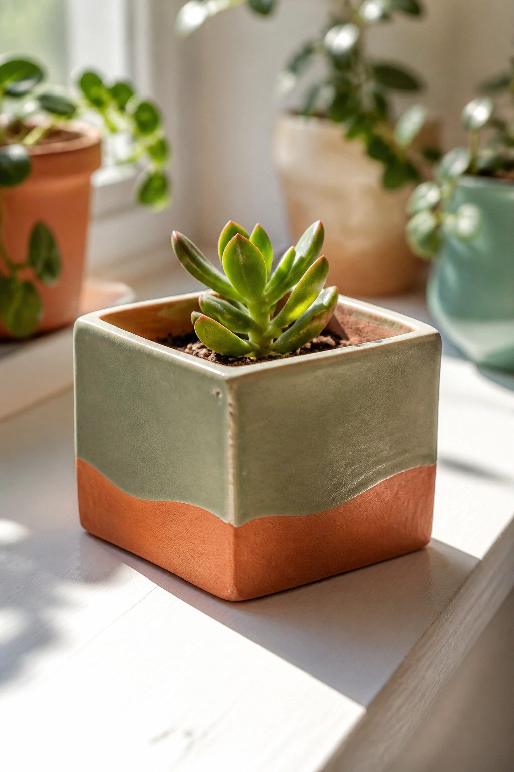 Small succulent in two-toned green and terracotta square pot on windowsill