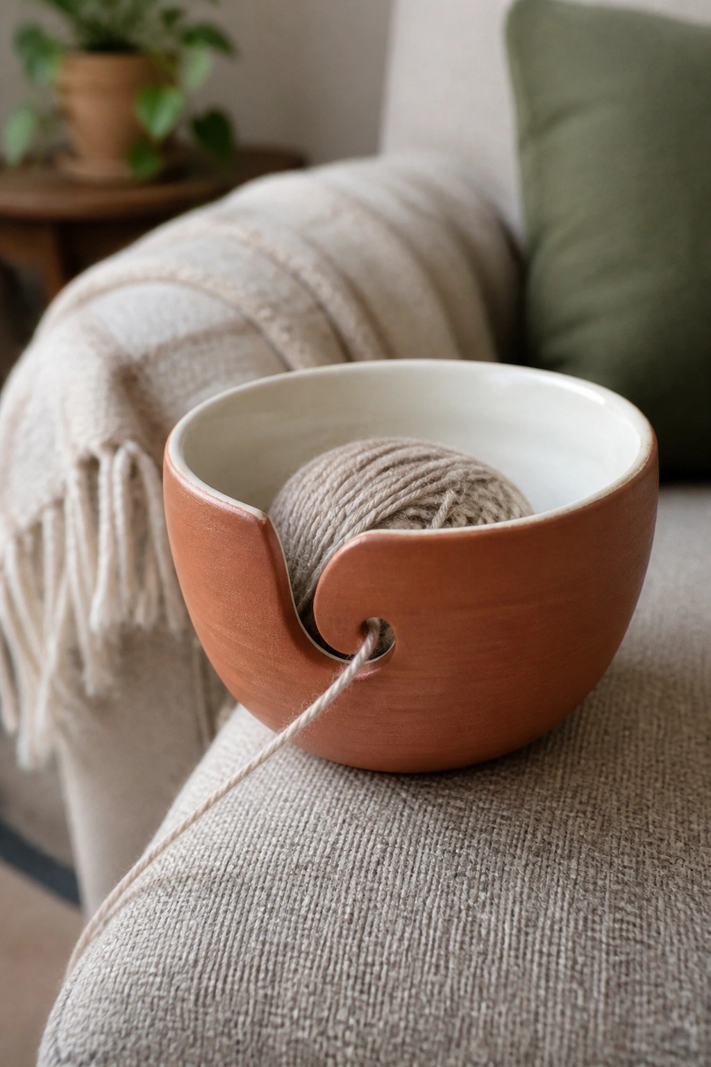 Terracotta yarn bowl holding beige yarn on textured woven fabric couch