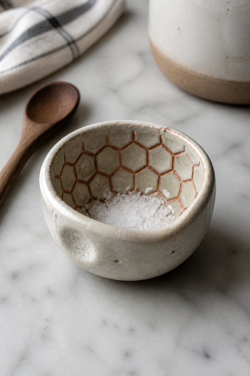 Speckled ceramic bowl with honeycomb interior holding salt beside wooden spoon on marble