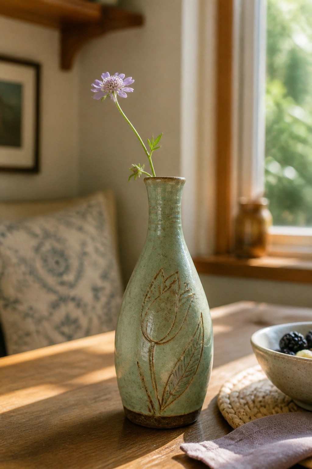 Sea-green ceramic vase with tulip etching holding a purple flower on wooden table